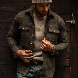 Our fit model wearing The Leeward Shirt in Olive Plaid