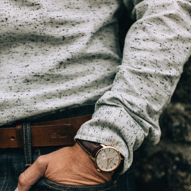 Our fit model wearing The Jack in Natural Donegal