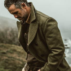 our fit model wearing The Mendocino Peacoat in British Army