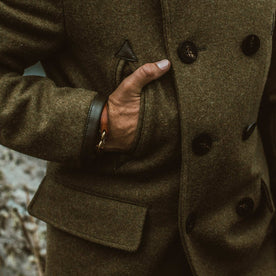 our fit model wearing The Mendocino Peacoat in British Army