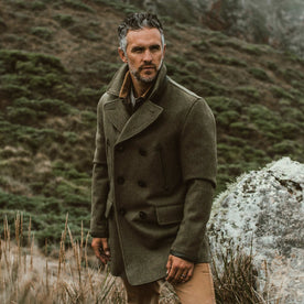our fit model wearing The Mendocino Peacoat in British Army