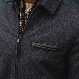 our fit model wearing The Monterey Bomber in Navy Wool