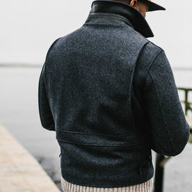 our fit model wearing The Monterey Bomber in Navy Wool