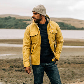 our fit model wearing The Winslow Parka in Mustard Waxed Canvas
