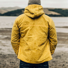 our fit model wearing The Winslow Parka in Mustard Waxed Canvas