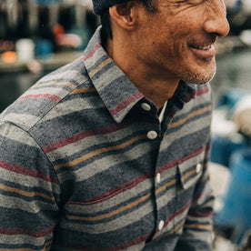 fit model rocking The Moto Shirt in Blanket Stripe, cropped closeup of chest