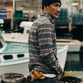 fit model rocking The Moto Shirt in Blanket Stripe, hand in pocket