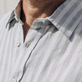 our fit model wearing The Short Sleeve California in Grey Stripe