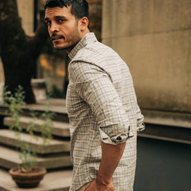 fit model wearing The Jack in Pebble Plaid, side shot