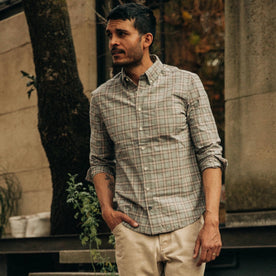 fit model wearing The Jack in Pebble Plaid, hand in pocket, sleeves cuffed