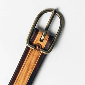 studio shot of The Stitched Belt in Cortado—buckle material