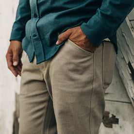 our fit model wearing The Camp Pant in Ash Boss Duck—cropped shot, hands in pockets