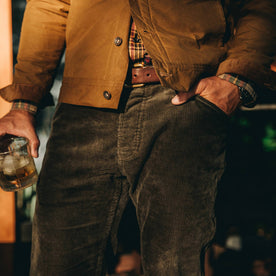 our fit model wearing The Camp Pant in Olive Corduroy—cropped shot belt down