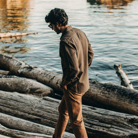 our fit model wearing The Corso in Walnut Double Cloth—walking left