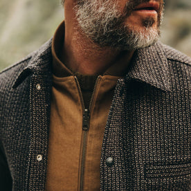 fit model wearing The Decker Jacket in Wool Beach Cloth, chest