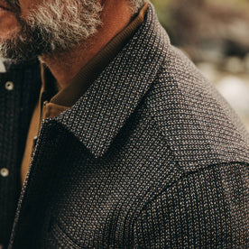 fit model wearing The Decker Jacket in Wool Beach Cloth, shoulder