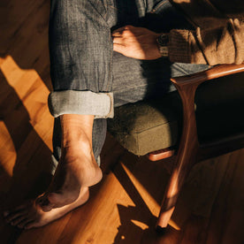 our fit model wearing The Democratic Everyday Jean—cropped shot of jean cuff