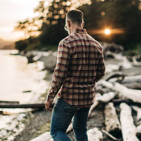 our fit model wearing The Jack in Brushed Khaki Plaid—back shot