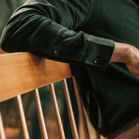our fit model wearing The Jack in Brushed Forest Oxford—cropped shot of sleeve