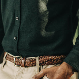 our fit model wearing The Jack in Brushed Forest Oxford—material shot paired with belt