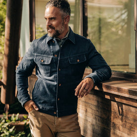 our fit model wearing The Long Haul Jacket in Indigo Boss Duck—cropped shot, looking left