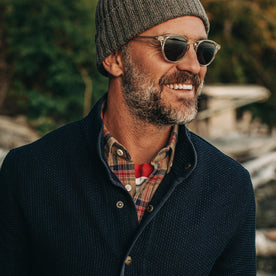 our fit model wearing The Port Jacket in Indigo Sashiko—cropped shot, smiling 