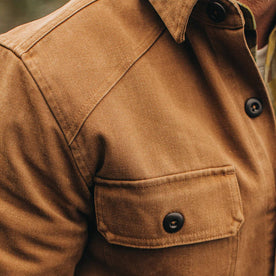 our fit model wearing The Shop Shirt in British Khaki Boss Duck—cropped shot of shirt