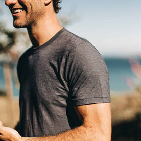 our fit model wearing The Standard Issue Tee in Navy Hemp—cropped shot of shoulder