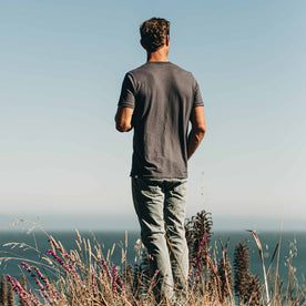 our fit model wearing The Standard Issue Tee in Navy Hemp—back shot