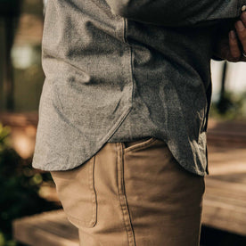 our fit model wearing The Western Shirt in Olive Melange—bottom detail
