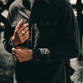 our fit model wearing The Yosemite Shirt in Black—cropped shot of chest