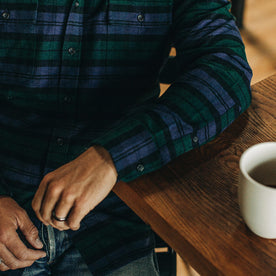 our fit model wearing The Yosemite Shirt in Blackwatch Plaid—cropped shot of sleeve