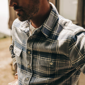 fit model wearing The Ledge Shirt in Navy Plaid, chest detail