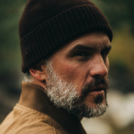 our fit model wearing The Beanie in Chocolate Baby Yak—cropped shot
