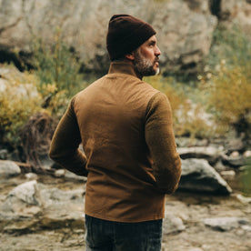 our fit model wearing The Beanie in Chocolate Baby Yak—looking rigjt