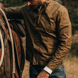 fit model wearing The Bomber Jacket in Field Tan Wax Canvas, chest shot
