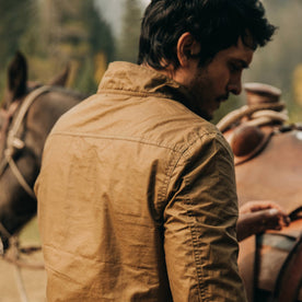 fit model wearing The Bomber Jacket in Field Tan Wax Canvas, back