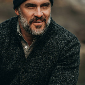 fit model wearing The Bomber Sweater in Black Sesame, close up