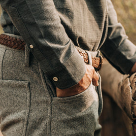 fit model wearing The Camp Pant in Heather Grey Wool—hand in pocket