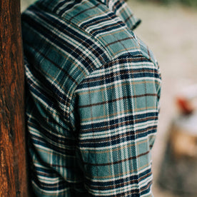 fit model wearing The Crater Shirt in Blue Plaid, shoulder shot