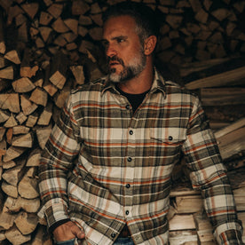 our fit model wearing The Crater Shirt in Tan Plaid—looking left