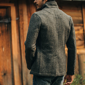 fit model wearing The Gibson Jacket in Charcoal Birdseye Wool, back shot