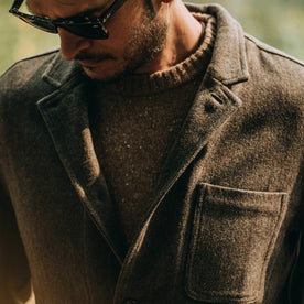 fit model wearing The Gibson Jacket in Olive Herringbone Wool, chest