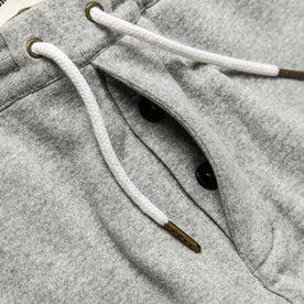 material shot of hidden button fly of The Heavy Bag Short in Heather Grey Fleece