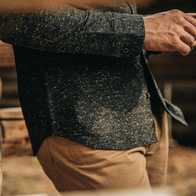 our fit model wearing The Jack in Coal Donegal—cropped shot from the wrist down