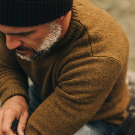 our fit model wearing The Lodge Sweater in Ochre—shoulder shot