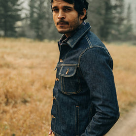 The Long Haul Jacket in Cone Mills Reserve Selvage, side shot looking at camera