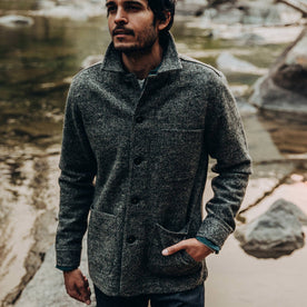 our fit model wearing The Ojai Jacket in Charcoal Wool—cropped shot forehead down