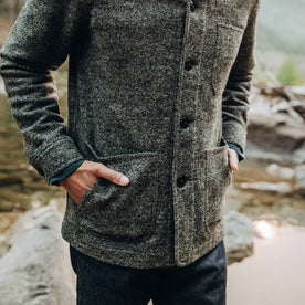 our fit model wearing The Ojai Jacket in Charcoal Wool—cropped shot shoulders down