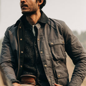 fit model wearing The Rover Jacket in Ripstop Slate Dry Wax, chest
